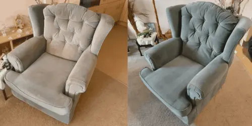 green arm chair before + after